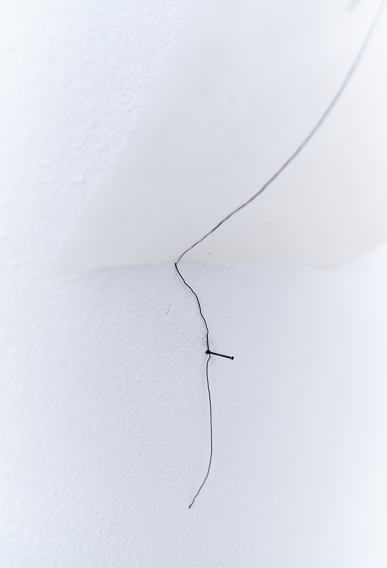 a black wire line is wrapped around a black nail which comes off a white wall